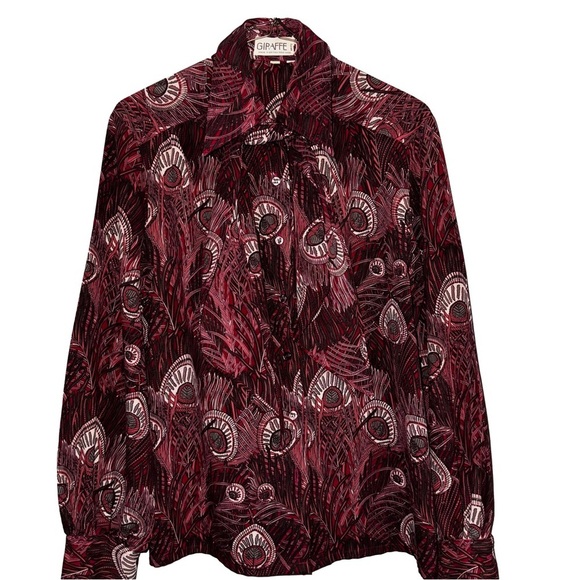 Vintage Tops - Vintage GIRAFFE British Hong Kong Sheer Feather Paisley Blouse Burgundy Size 12